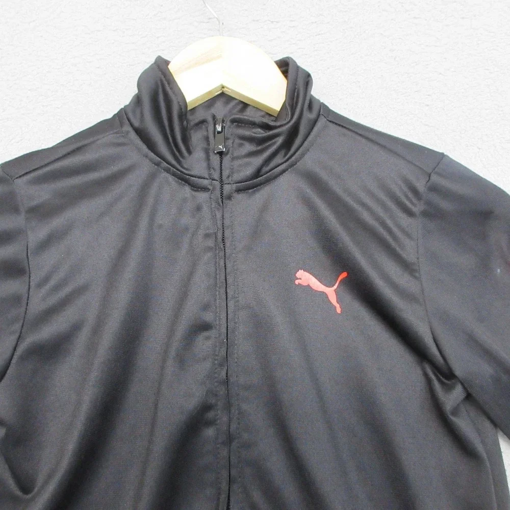 PUMA Track Jacket Youth Large Black Red Full Zip Logo Sleeve Athletic Sport